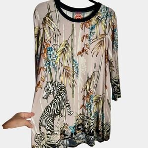 Johnny Was Womens Shining Bright Jungle Print Tunic Top Size M 3/4 Sleeve Knit